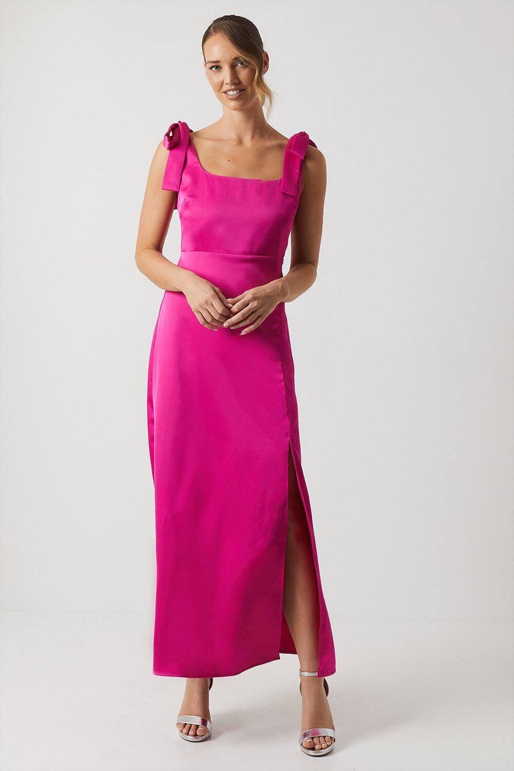 Satin Tie Shoulder Midi Bridesmaids Dress