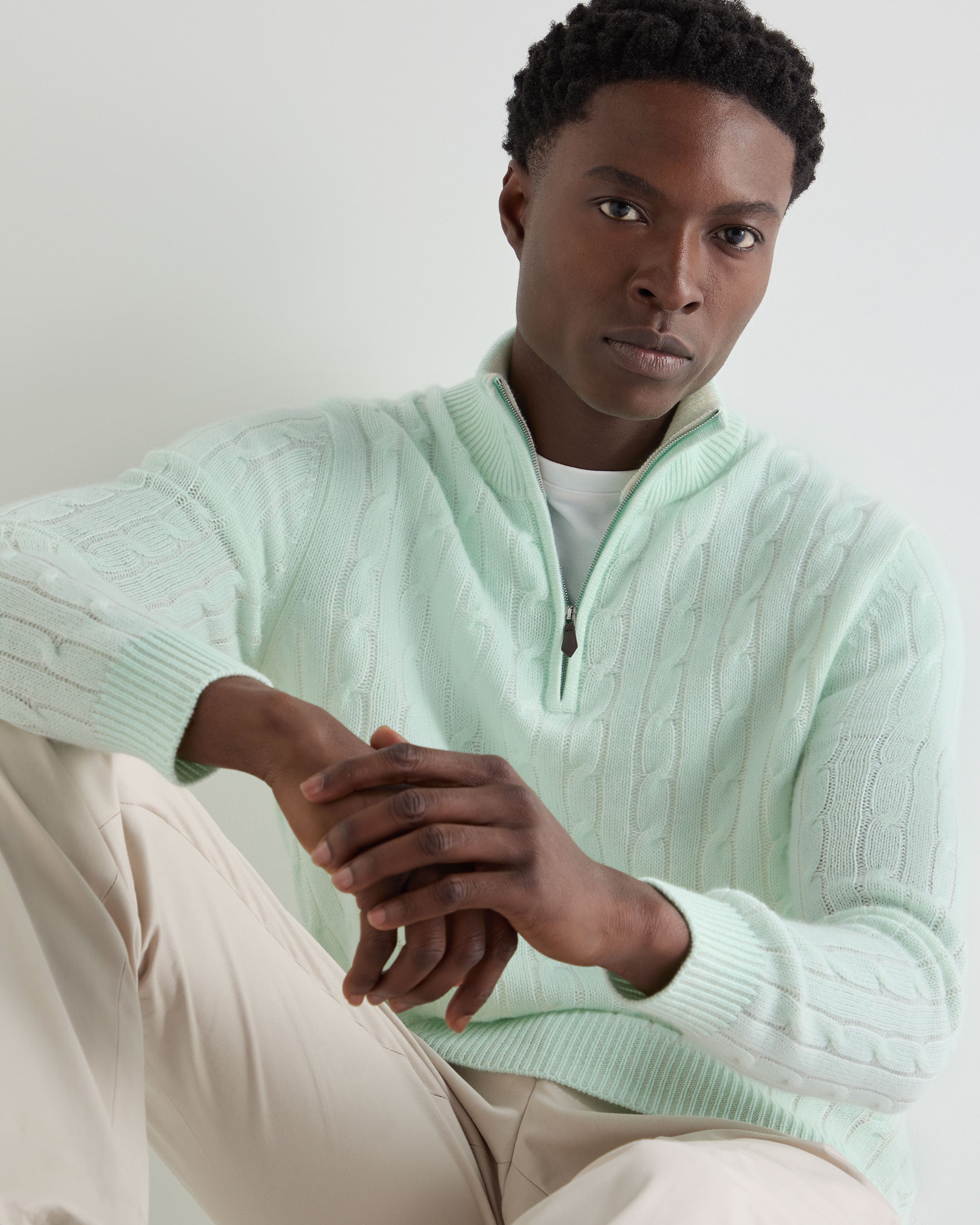 Image of Men's Albemarle Cable Half Zip Cashmere Sweater Mint Green