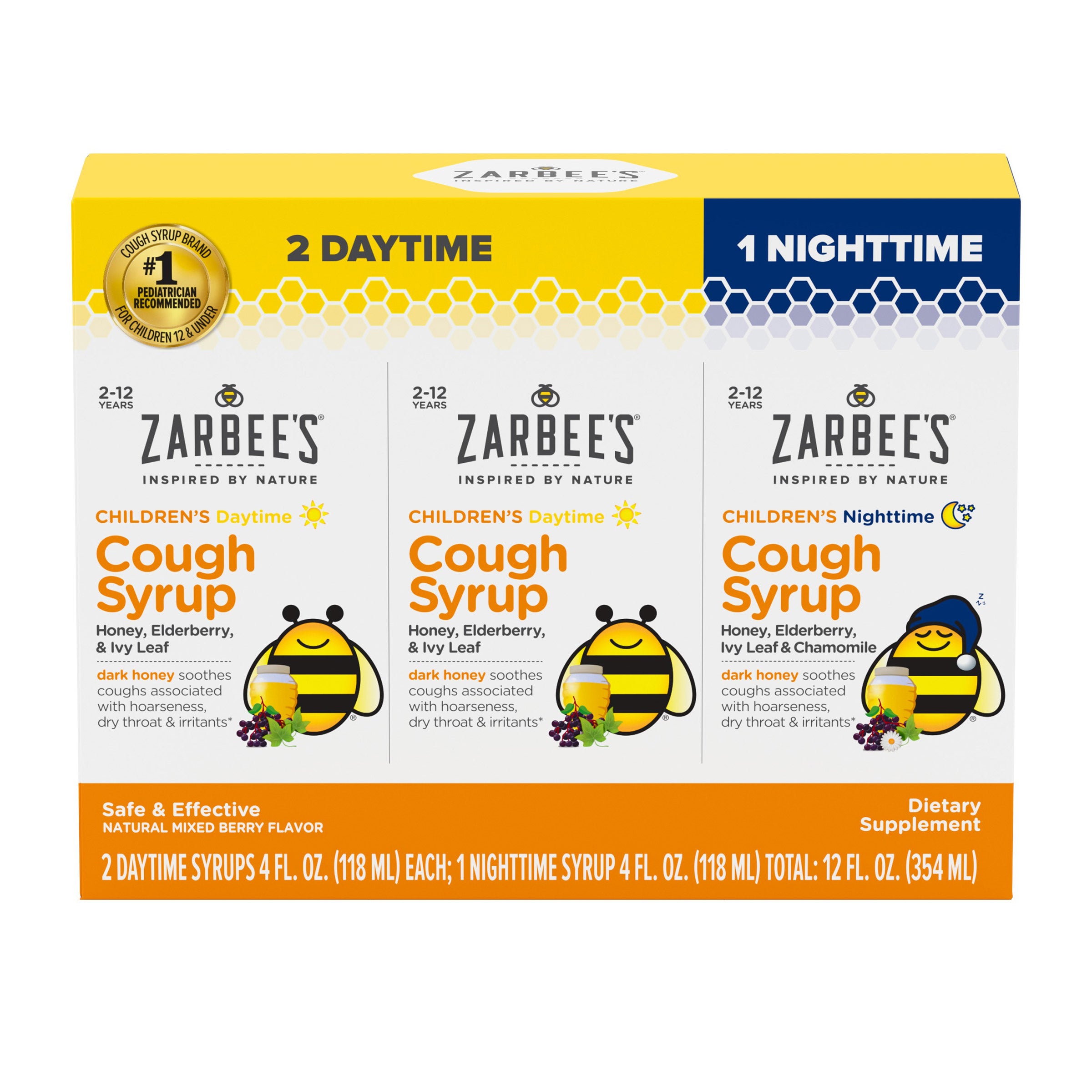 Zarbee's Children's Cough Daytime and Nighttime, Two 4 oz Daytime + One 4 oz Nighttime