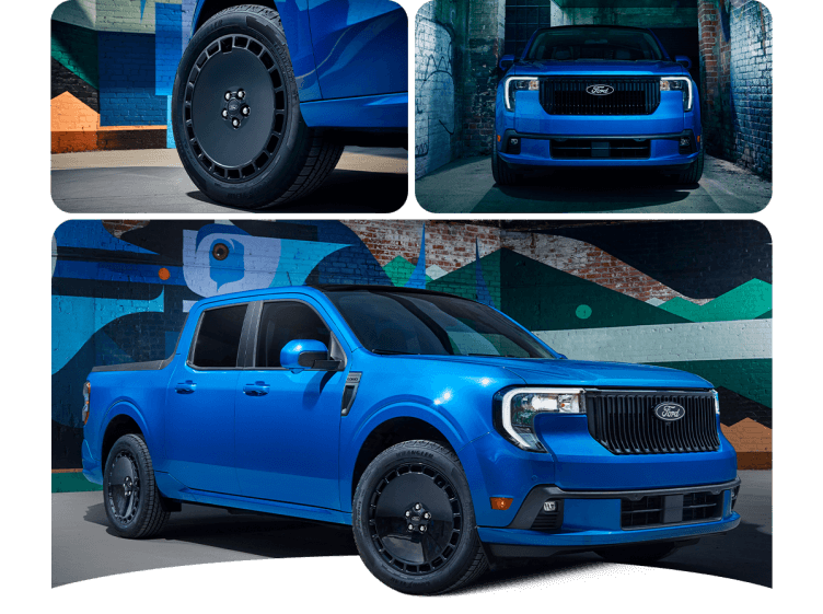 A collage of the 2025 Ford Maverick&reg; truck&rsquo;s Lobo&trade; trim showcasing its wheels, the truck&rsquo;s front, and a view of the truck from the side