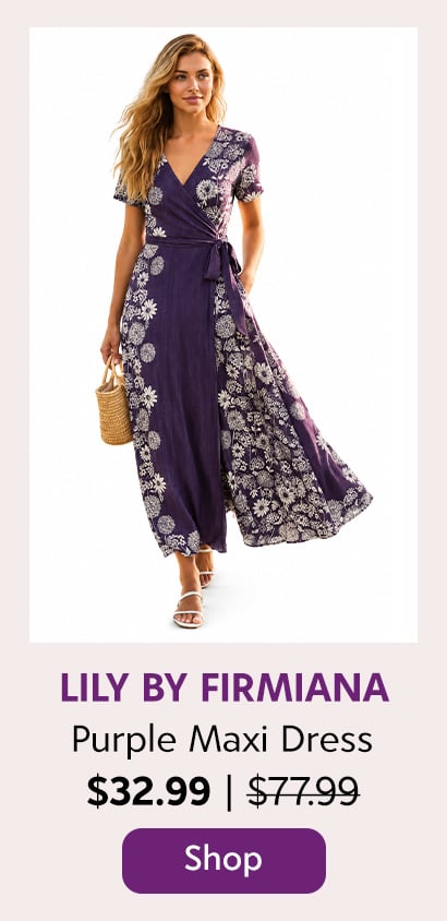 Lily by Firmiana Women’s Short Sleeve Maxi Dress Women’s Apparel Purple Cream Floral Print