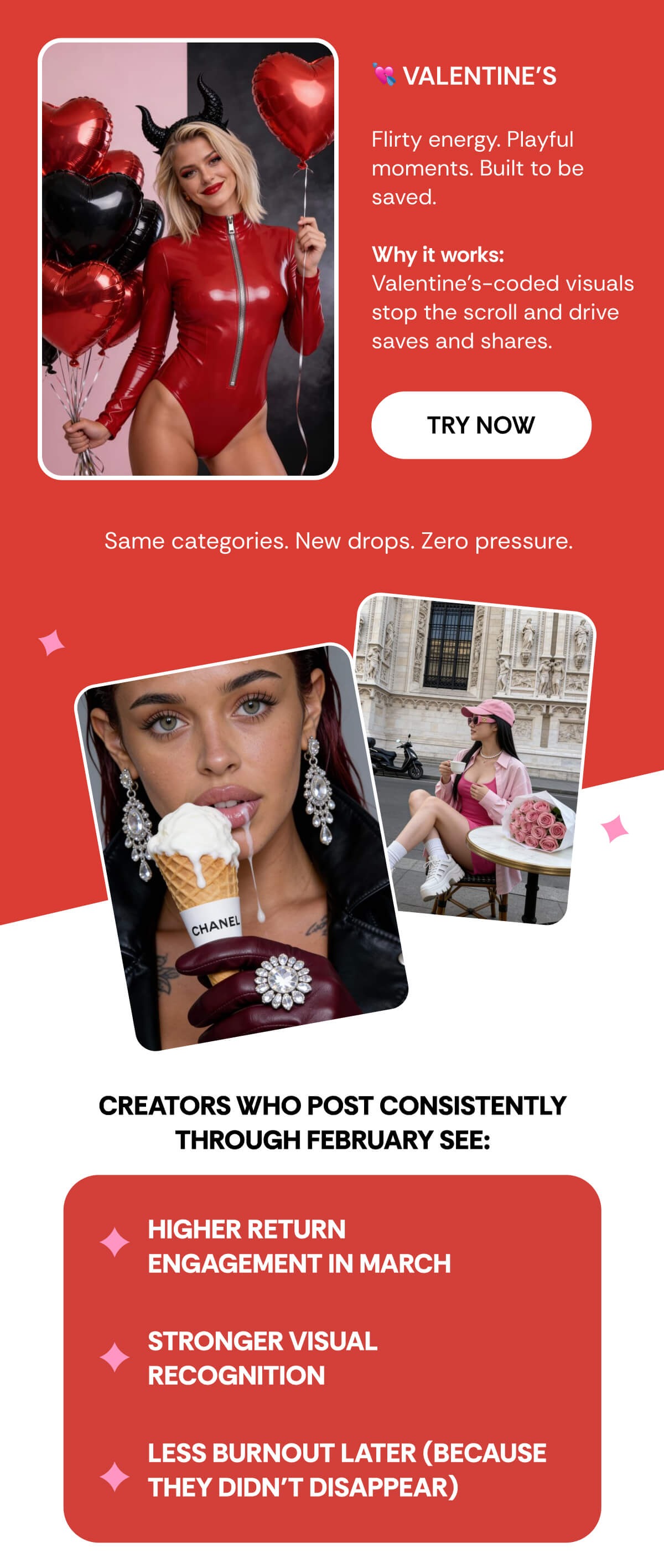 Same categories. New drops. Zero pressure. CREATORS WHO POST CONSISTENTLY THROUGH FEBRUARY SEE: higher return engagement in March stronger visual recognition less burnout later (because they didn’t disappear)
