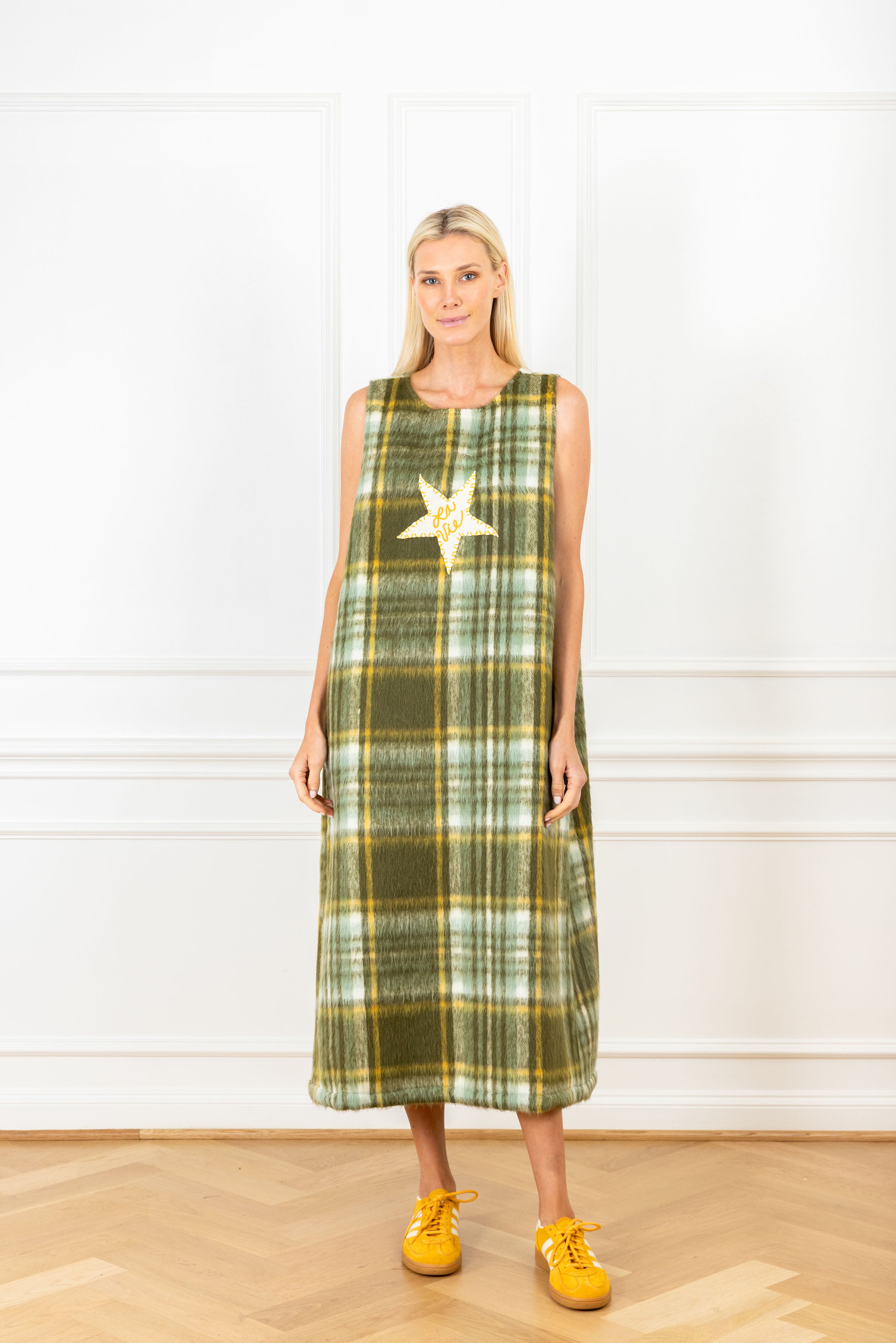 Image of Olive Plaid Patch Maxi A-Line Dress