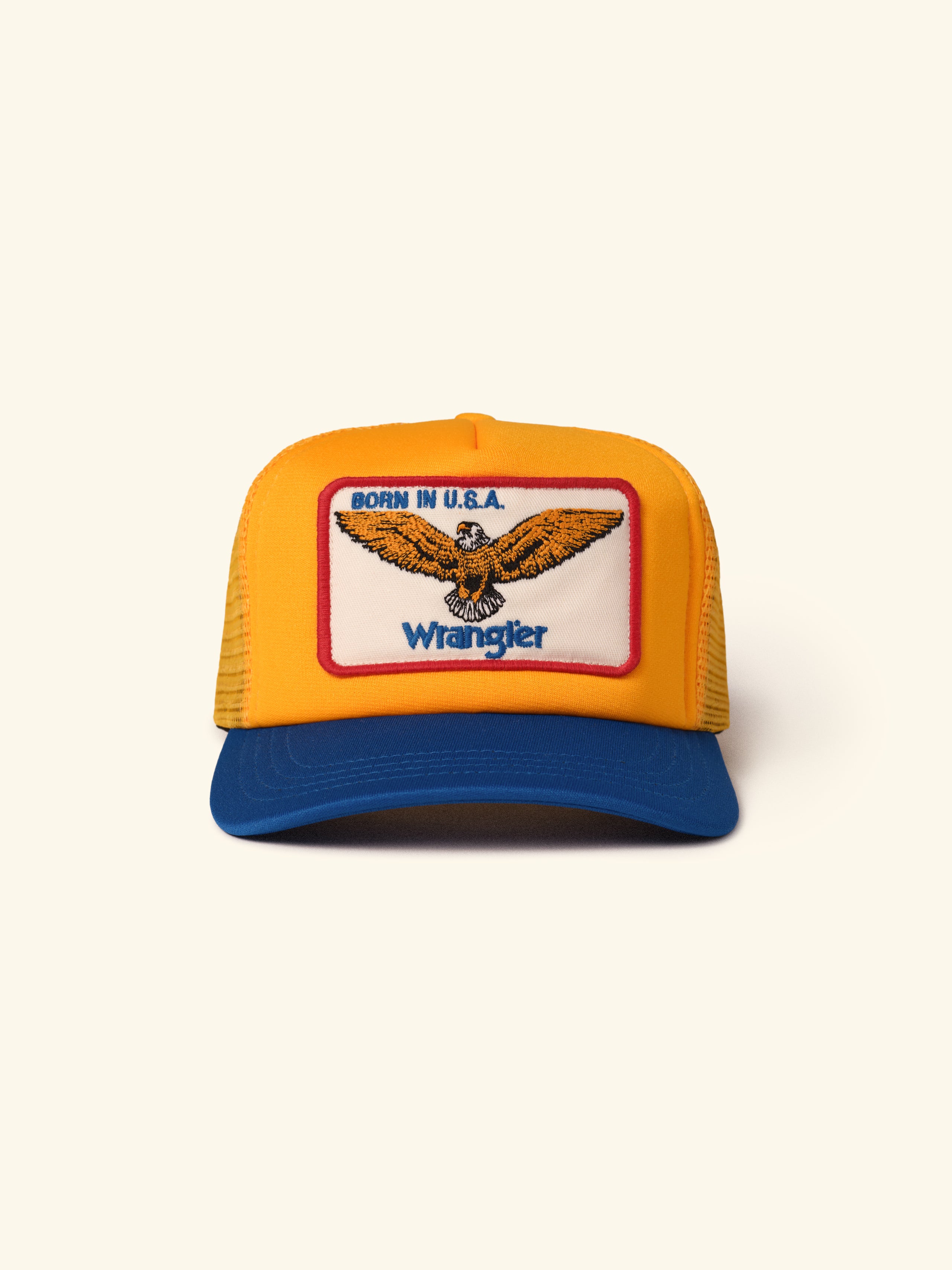 Image of Cherry x Wrangler Trucker Hat (Yellow/Blue)
