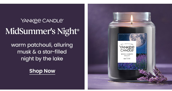 Text about MidSummer's Night candle with warm patchouli, alluring musk and a star-filled night. Shop now button. Candle jar shown.