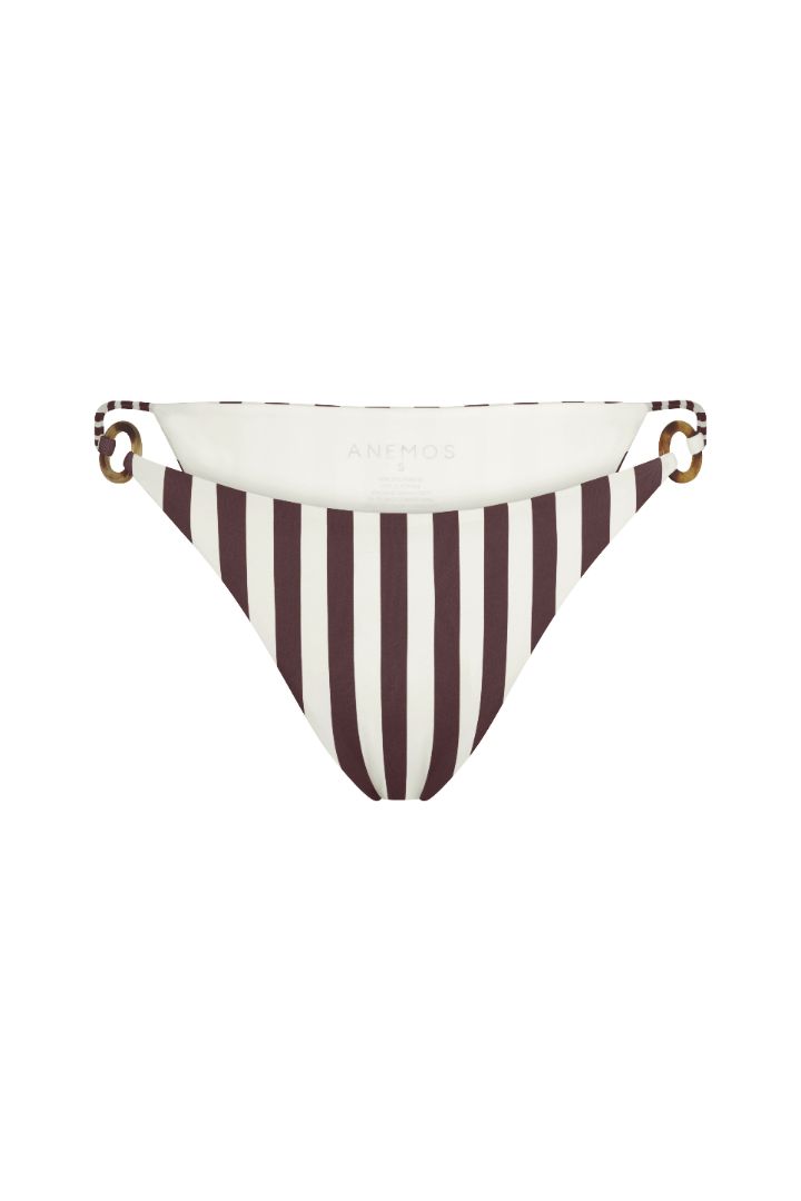 Image of Tortoise Ring String Tie Bikini Bottom in Espresso Vertical Stripes