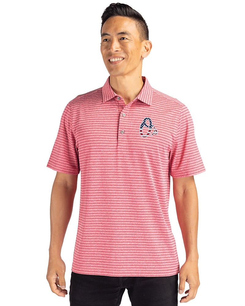 Image of Baltimore Orioles Stars & Stripes Cutter & Buck Forge Recycled Heather Stripe Four-Way Stretch Mens Polo