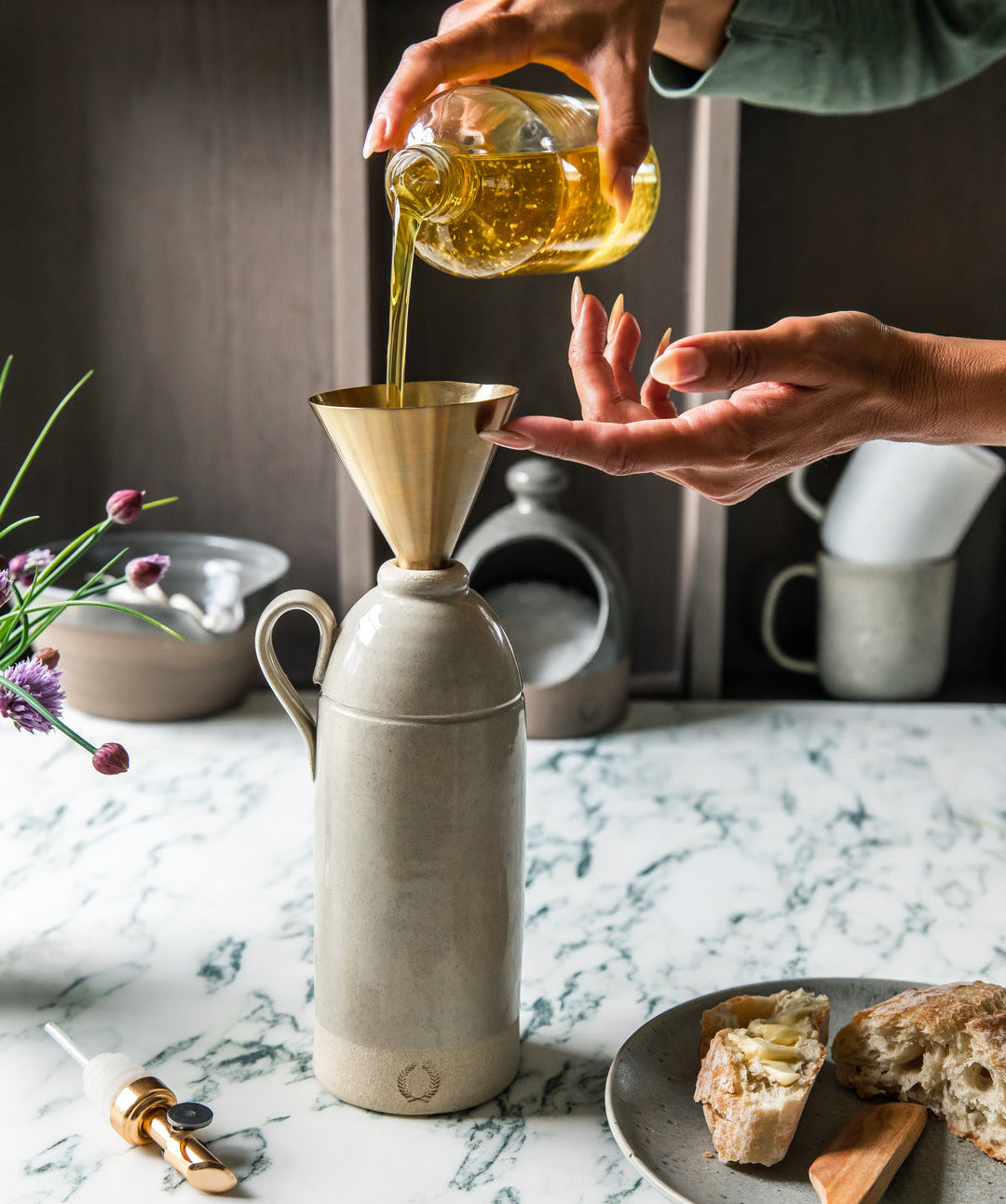 Filling the French Country Oil Bottle, Salt Cellar behind