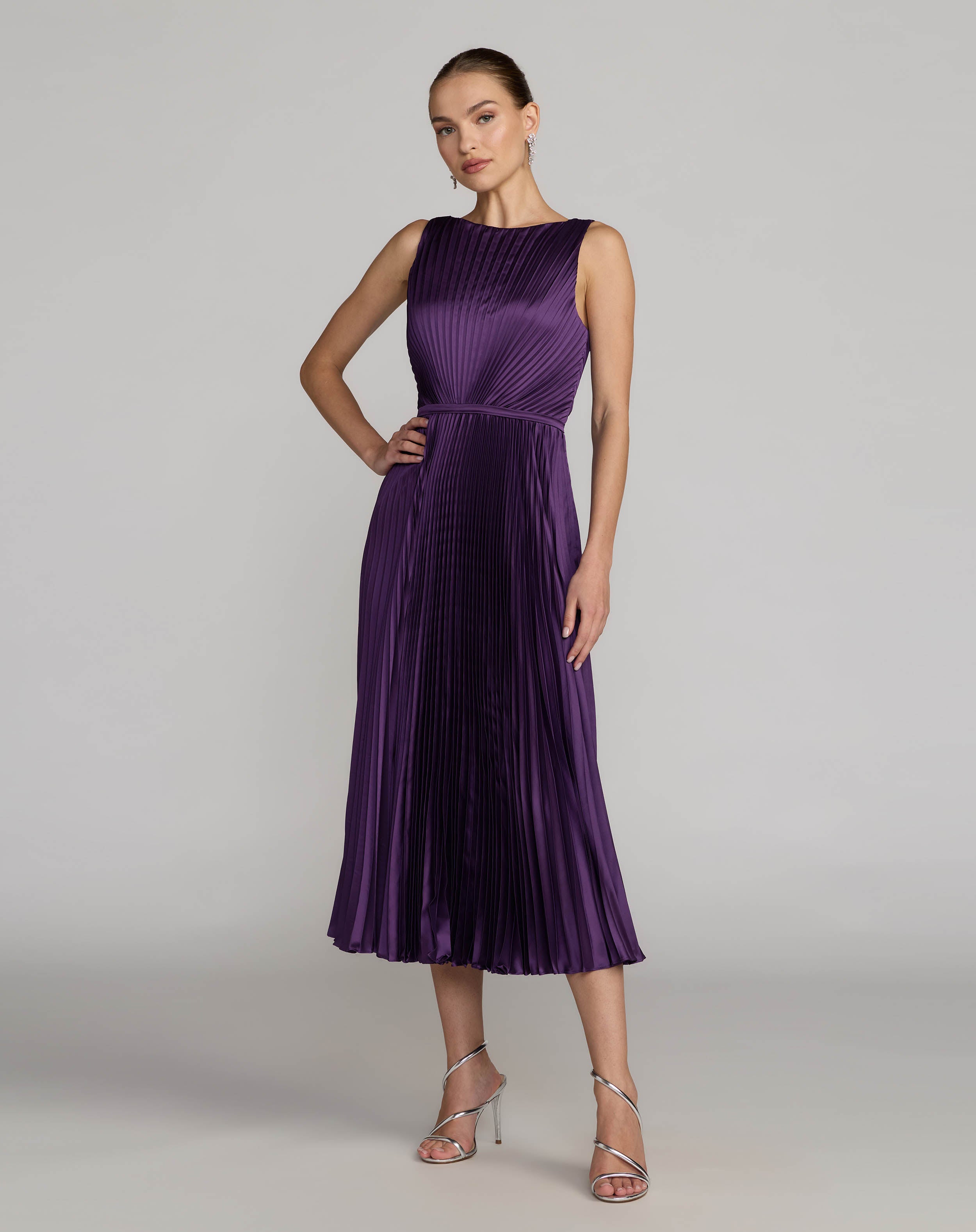 Image of Purple Sleeveless High Neck Pleated Midi Dress