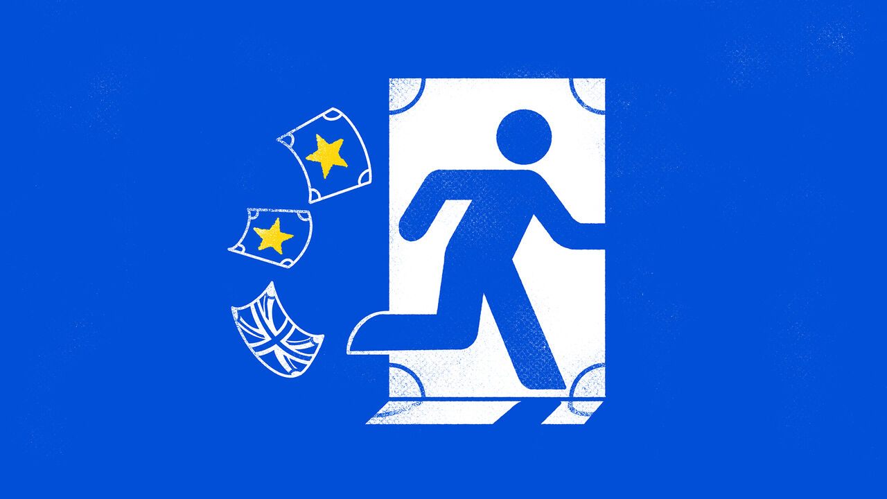Illustration of an exit sign man with certificates with stars and the union jack flying behind it