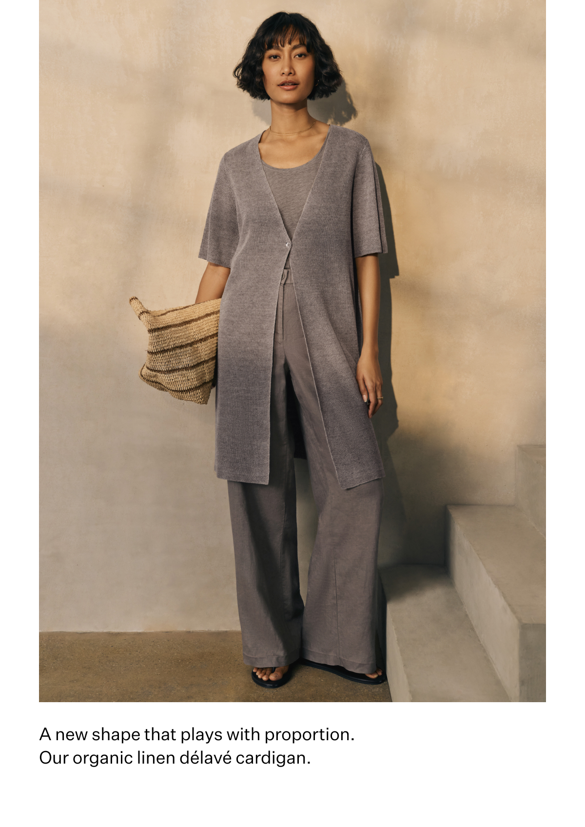 A new shape that plays with proportion. Our organic linen délavé cardigan.