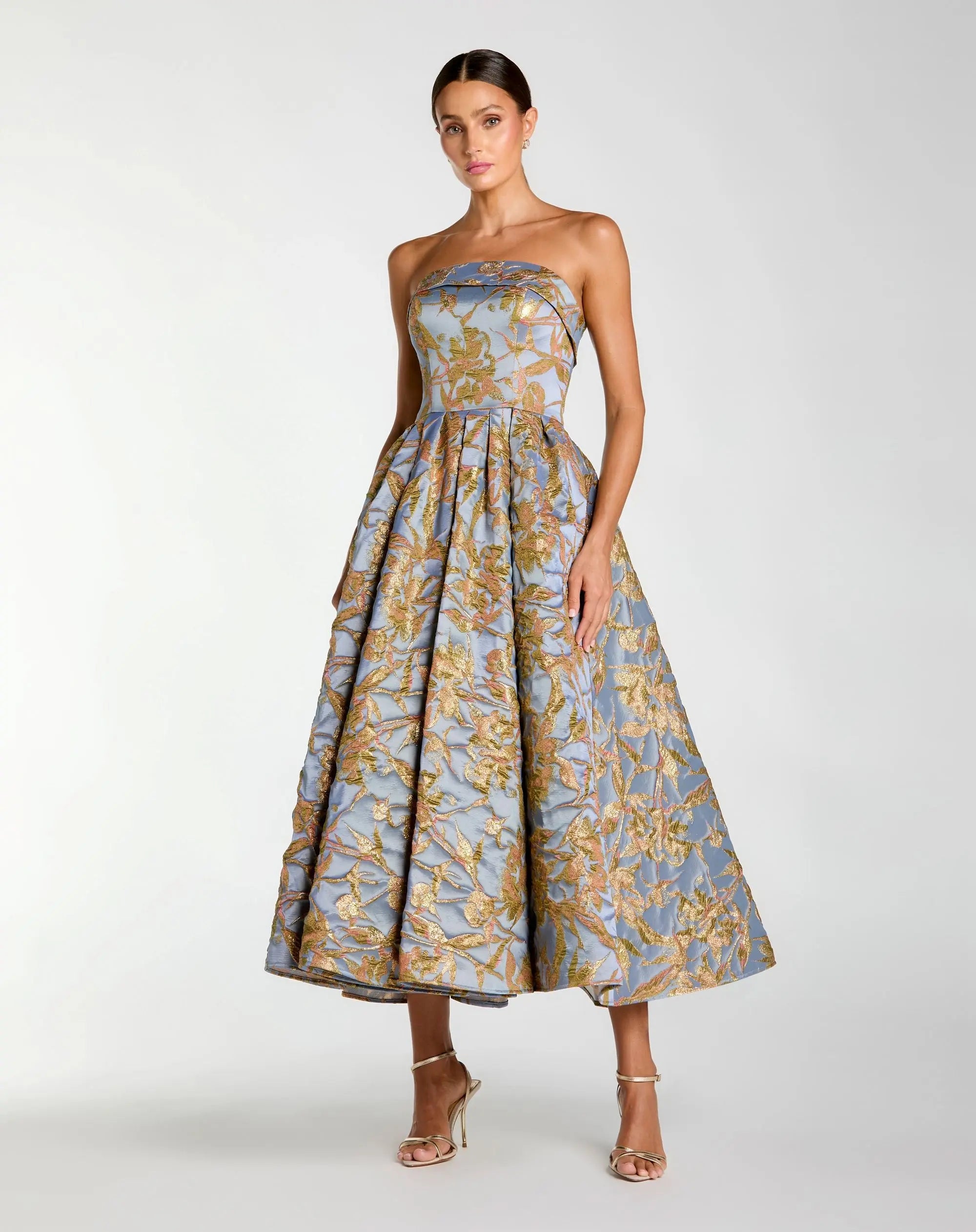Image of Blue Strapless Brocade Midi Dress With Pockets