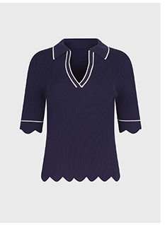 Navy 3/4 Sleeve Knit Pullover Top With V-Neckline, Scalloped Hem and White Contrasting Piping