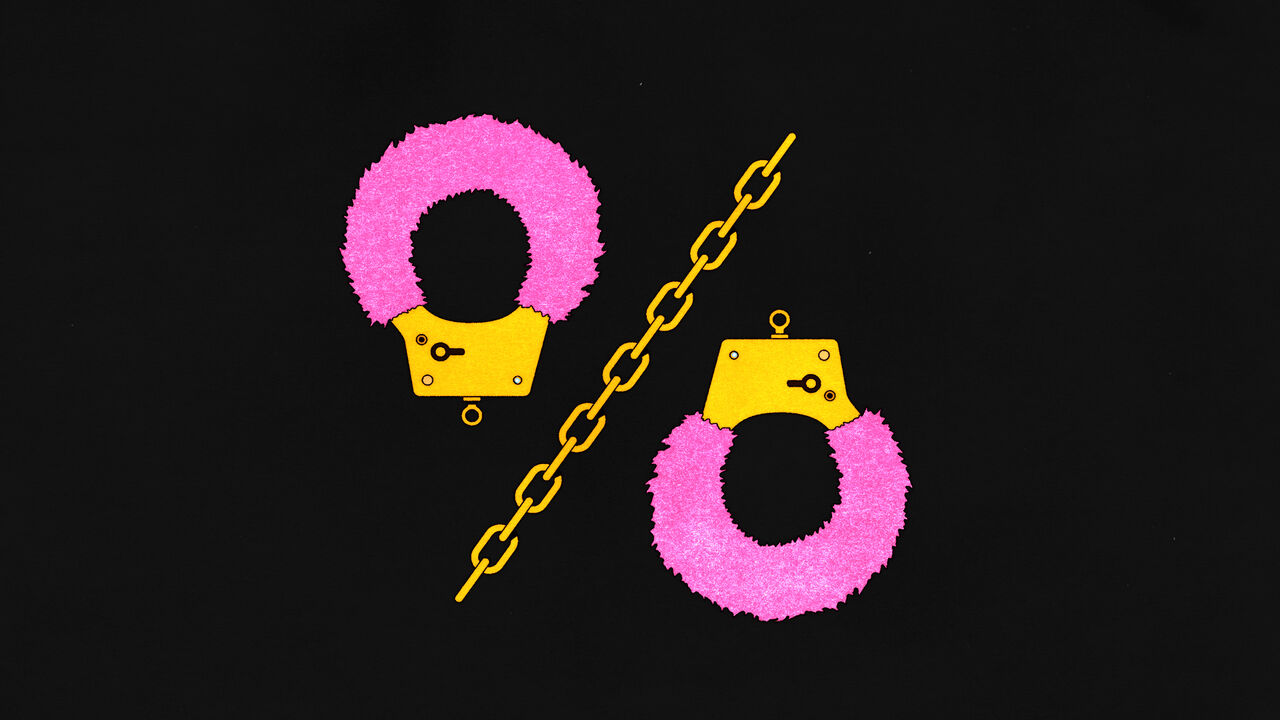 Illustration of pink handcuffs with the chainin the middle making it look like a percentage symbol.