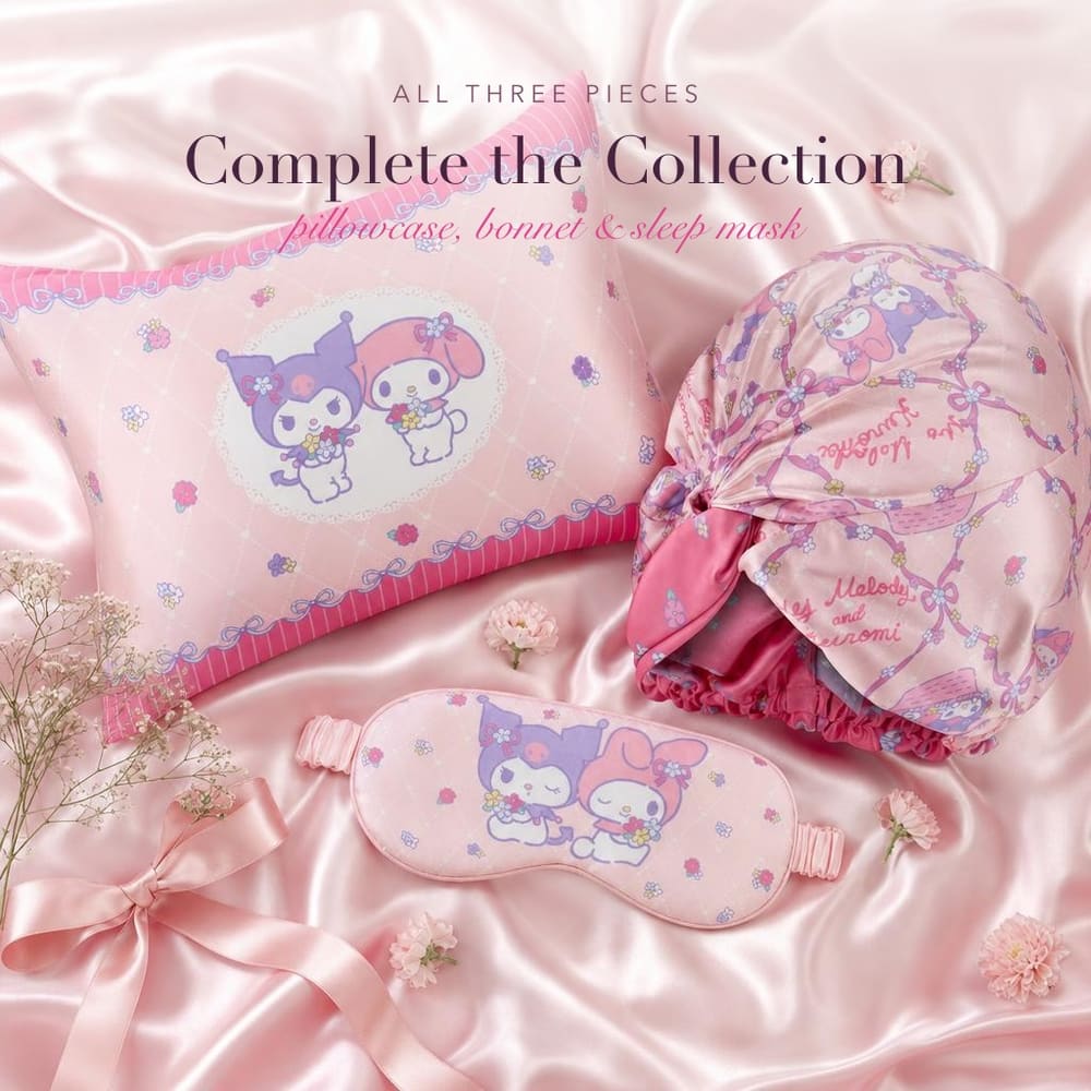 Complete the collection — the My Melody and Kuromi silk pillowcase, bonnet and sleep mask styled together
