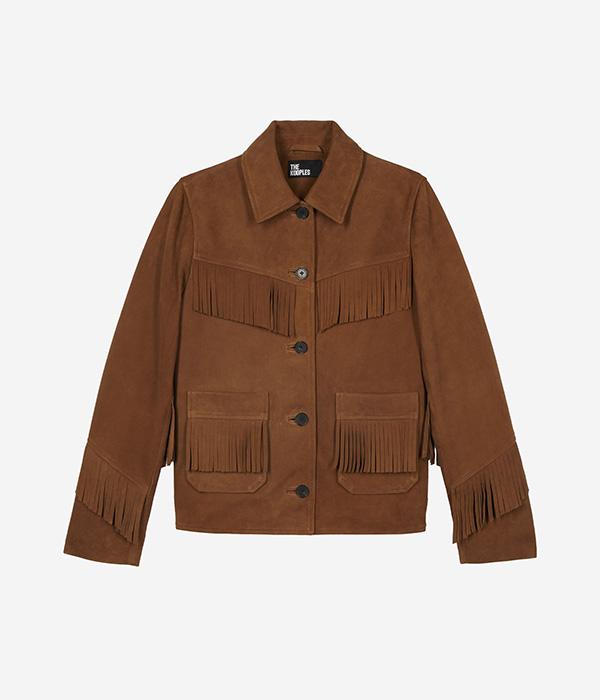 Blouson en cuir suède avec franges camel
