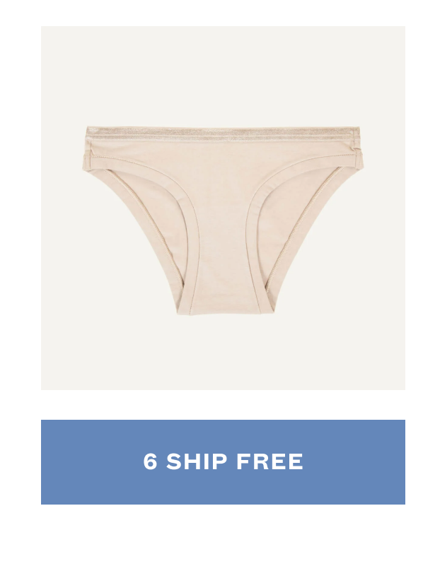Beige organic cotton bikini underwear product image with “6 Ship Free” promotional text.