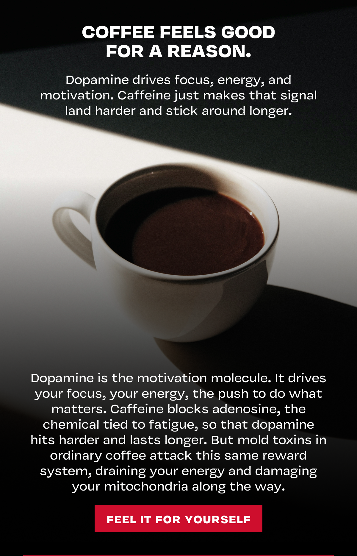 "Black coffee in a white mug. Text explains how dopamine and caffeine make coffee feel rewarding.