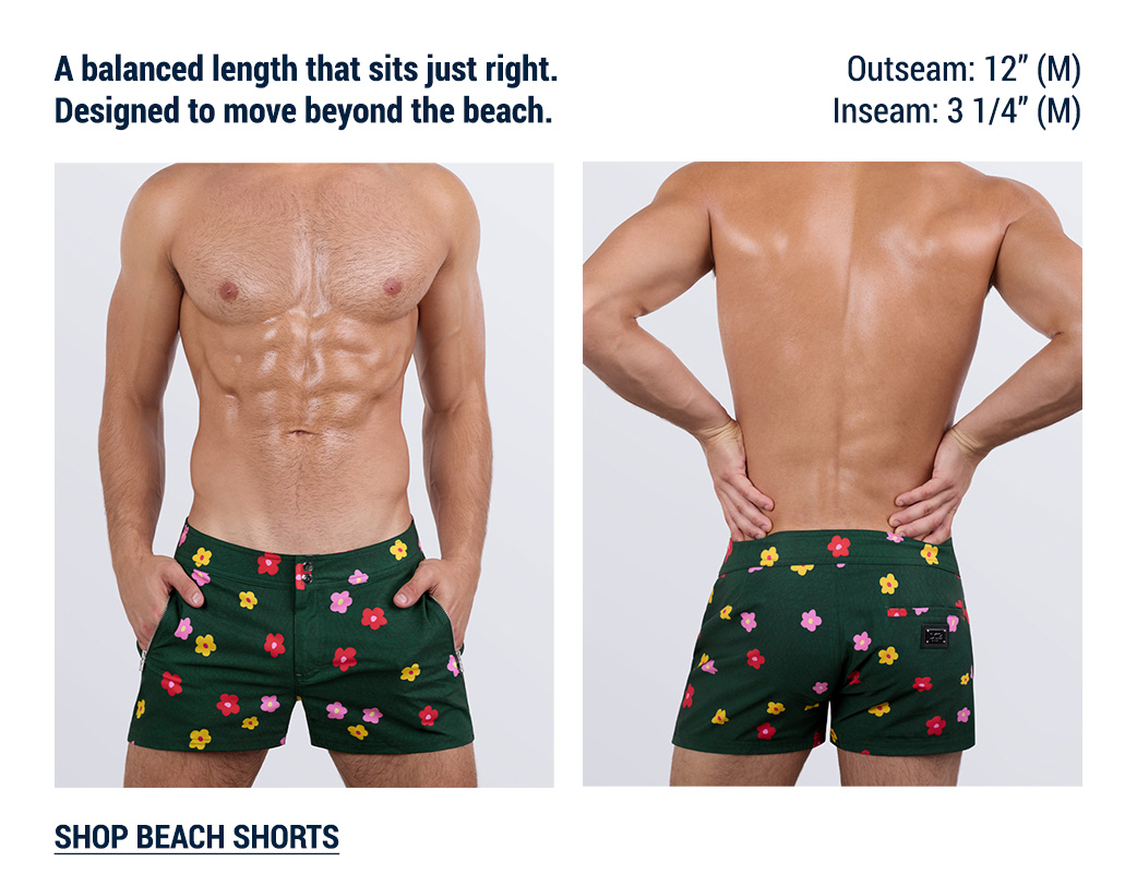 The Shorter Silhouette edit — DC2 Buy Myself Flowers Beach Shorts featuring a versatile length for beach-to-street wear.
