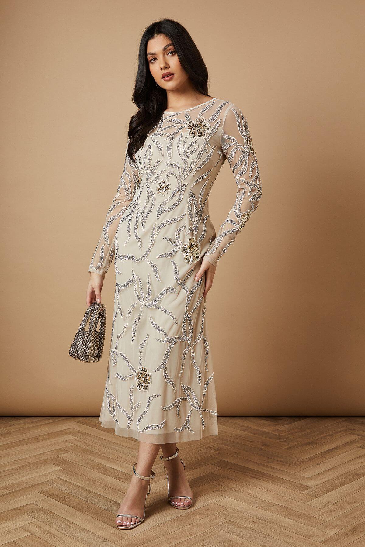 Hand Embellished Long Sleeve Midi Dress