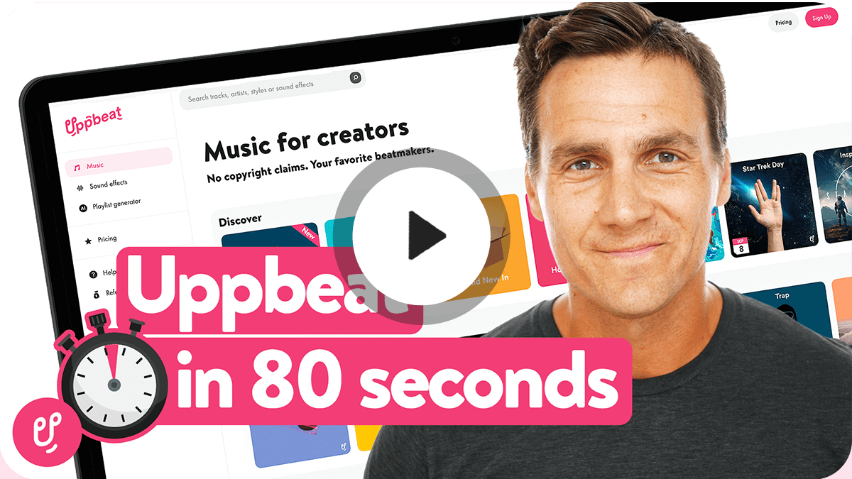 A YouTube video thumbnail, with the title text 'Uppbeat in 80 seconds' overlayed.