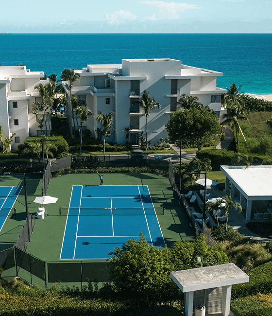 A blue tennis court surrounded by lush palm trees, with the resort in the background.