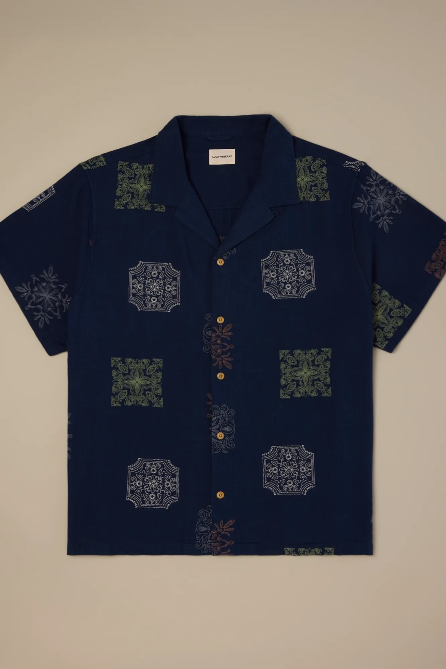 Image of Lucky Brand Big And Tall Novelty Camp Collar Shirt - Men's Clothing Outerwear Shirt Jackets in Blue Multi
