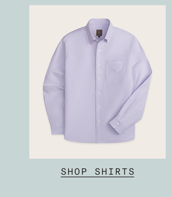 Flat lay of a lavender long-sleeve button-down shirt with a chest pocket and button-down collar. Text: "SHOP SHIRTS"