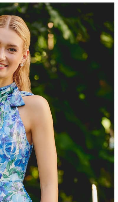 Tiered Metallic Floral Chiffon Halter Gown In Blue Multi