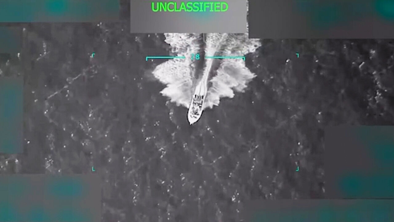 Still showing vessel, which U.S. President Donald Trump said was transporting illegal narcotics and heading to the U.S., just before being struck by the U.S. military.
