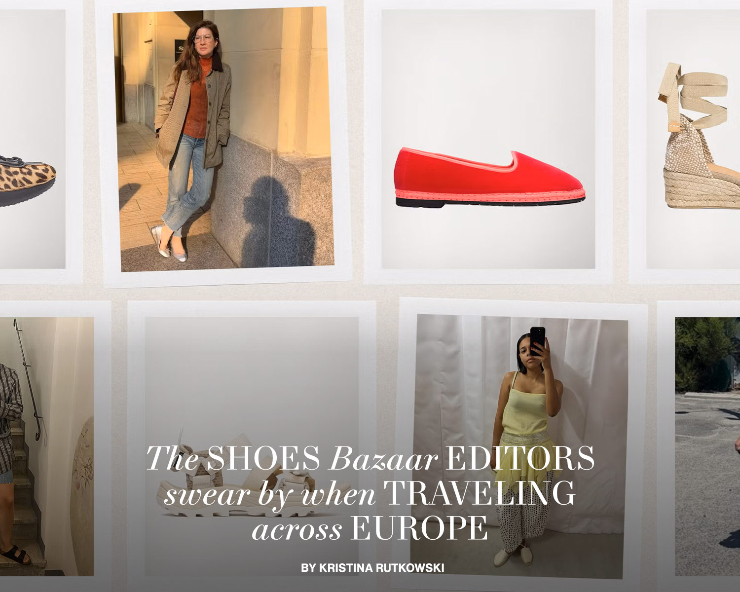 Bazaar Editors next to polaroids of walking shoes