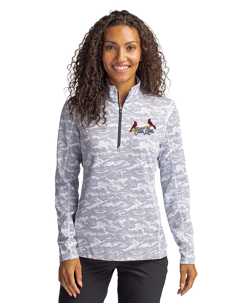Image of St. Louis Cardinals City Connect Cutter & Buck Traverse Recycled Smooth&nbsp;Stretch&nbsp;Womens&nbsp;Camo Quarter Zip&nbsp;Pullover