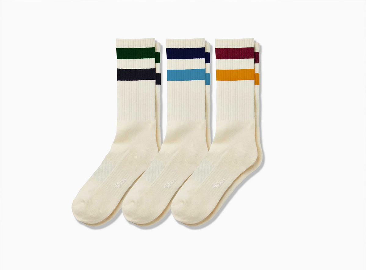 Three pairs of crew stripe socks (black, dark/light blue and yellow/red)