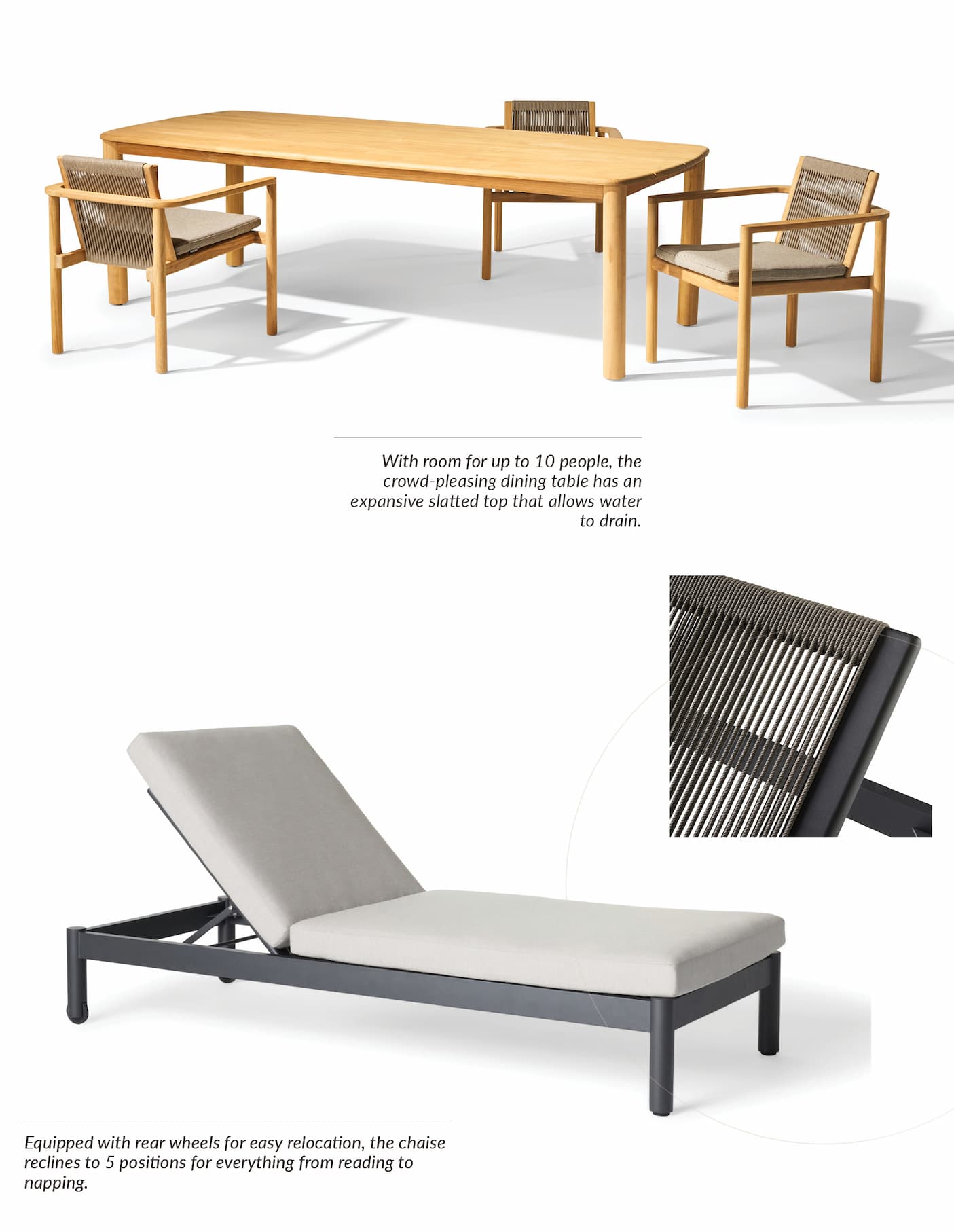 Premium teak and powdercoated charcoal aluminum frame options