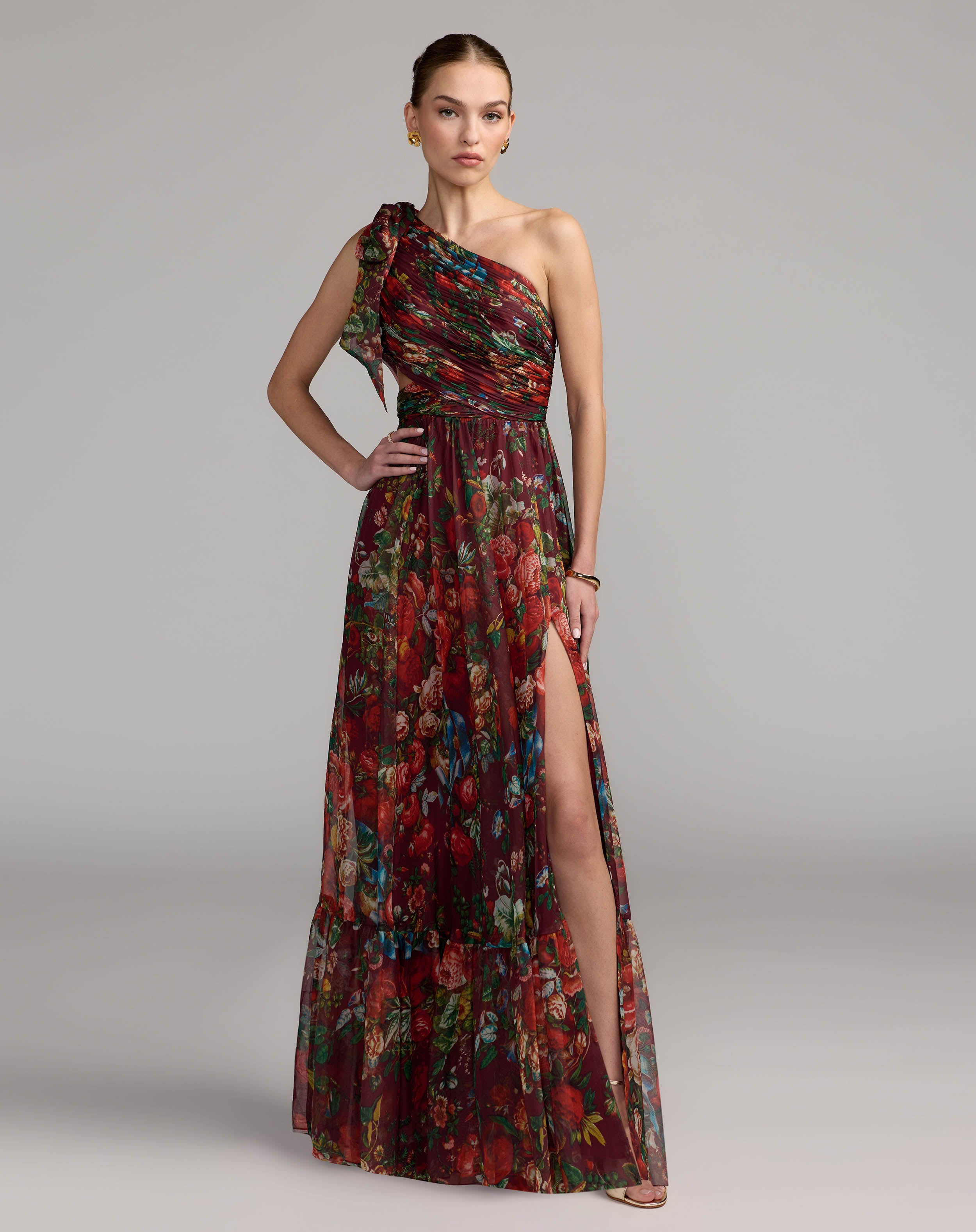 Image of Red One Shoulder Floral Printed Chiffon Side Cut Out Gown