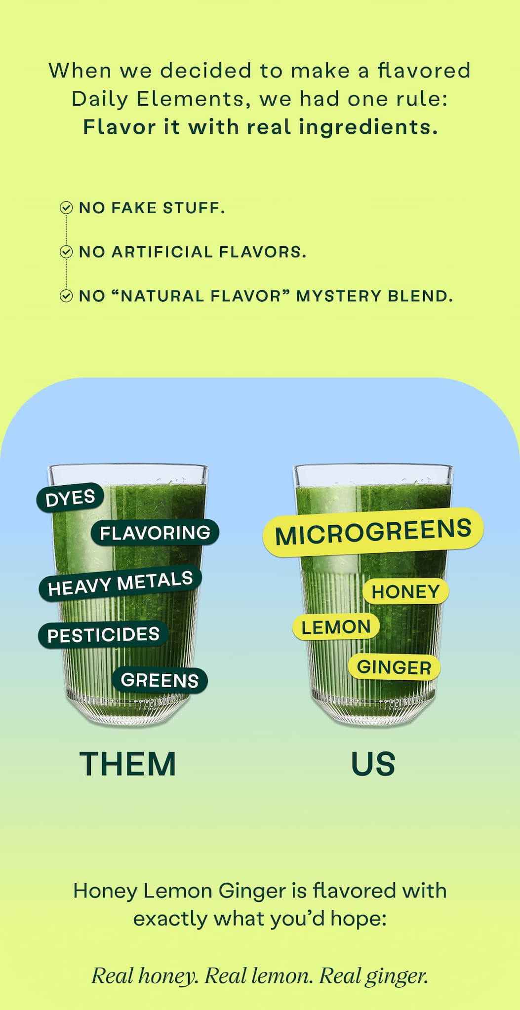 We had one rule for flavored Daily Elements: real ingredients. No fake stuff, no artificial flavors, no mystery blend. Comparison of two green drinks, them versus us, with real honey, lemon, and ginger