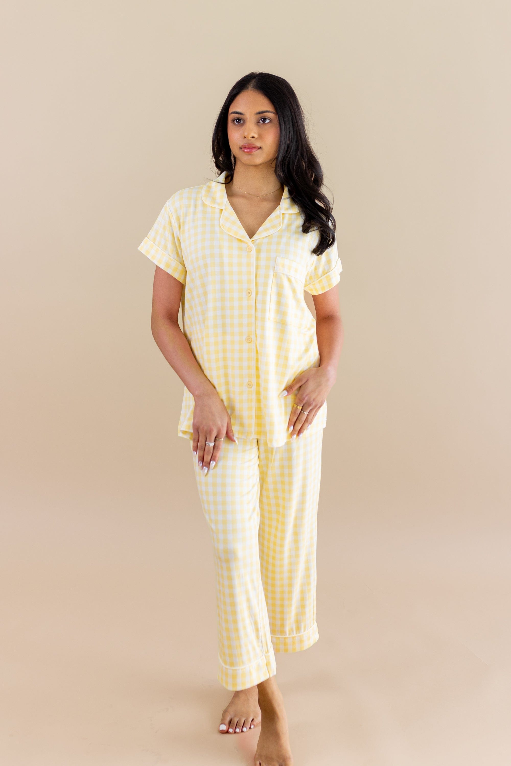 Image of Women's Short Sleeve Cropped Pajama Set in Gingham Chamomile