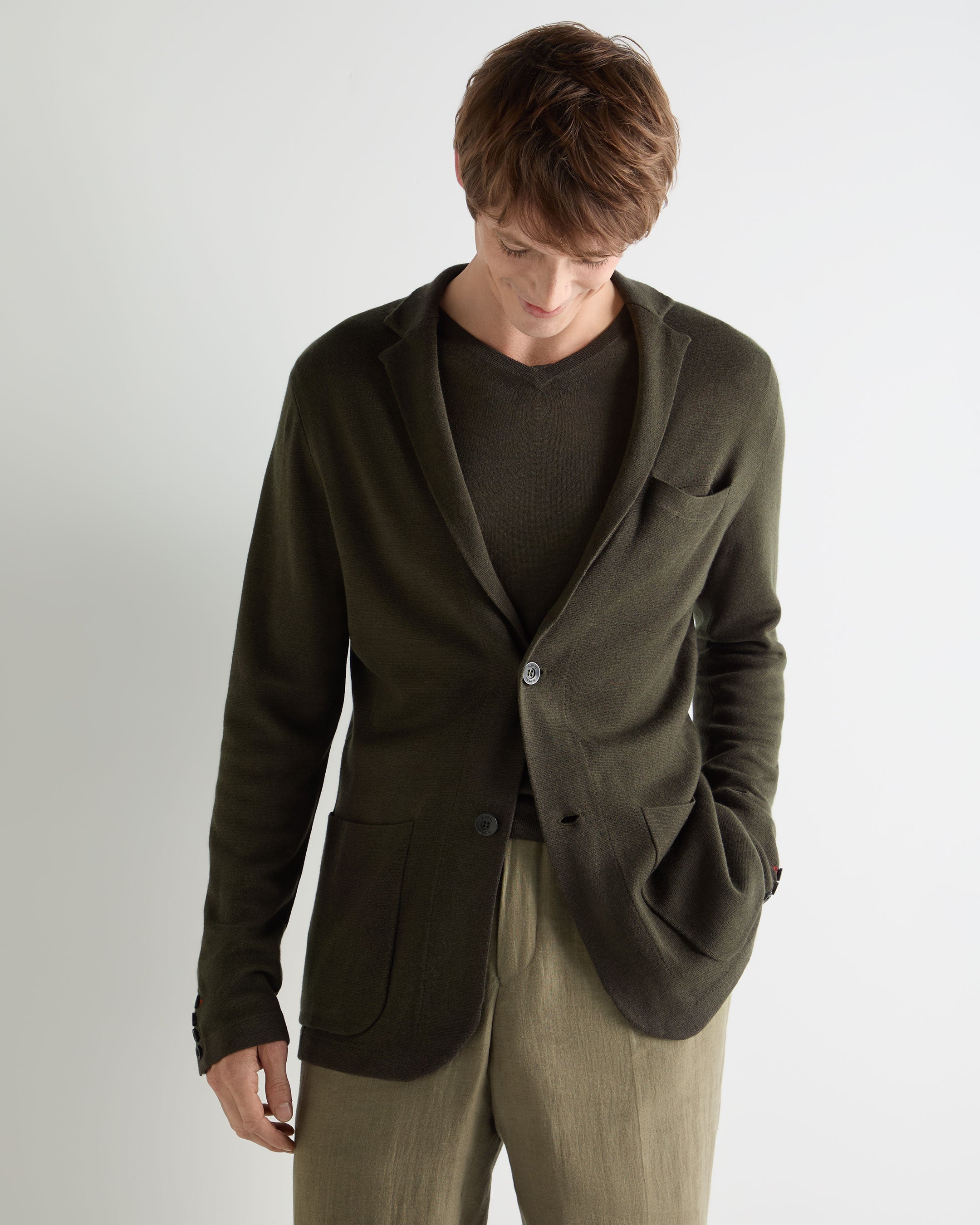 Image of Men's Marlborough Fine Gauge Cashmere Jacket Arabica Khaki Green