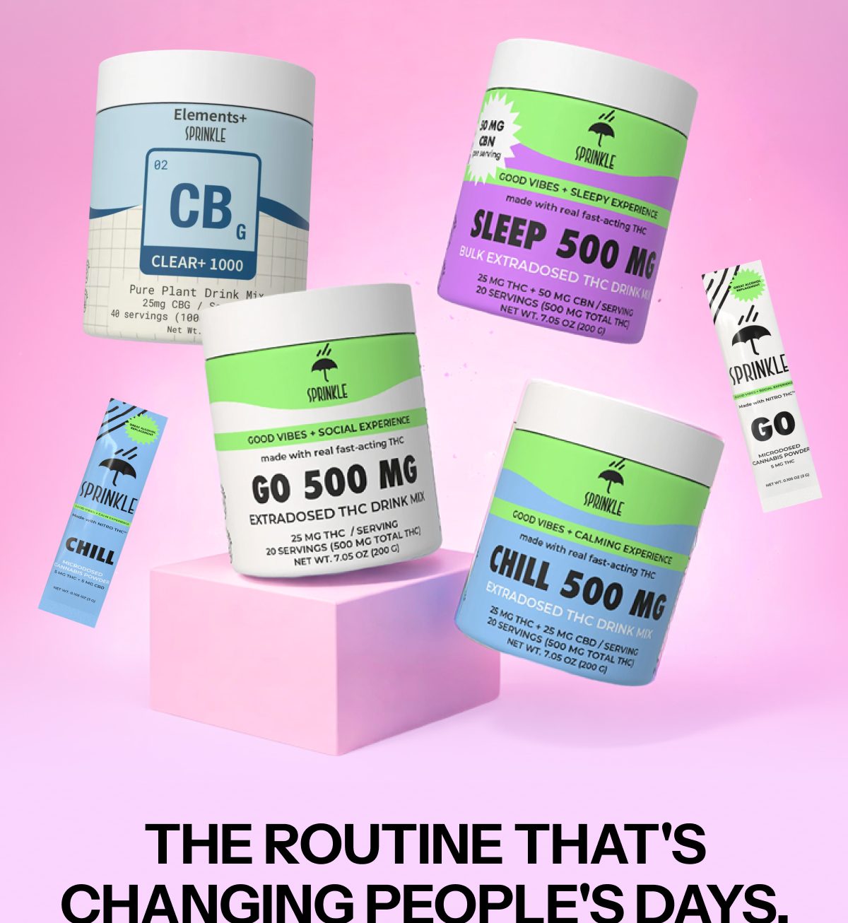 Five product containers with labels for CB, Sleep, Chill, and Go on a pink background.