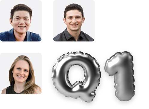 Pictures of Cameron Wu, Jake Pruchno, and Korin Hedlund displayed in a 2x2 grid, with the 4th spot filled by a 3D rendering of silver mylar balloons that say 