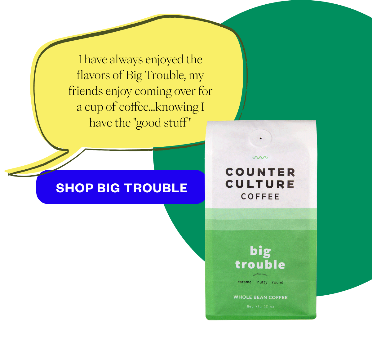 I have always enjoyed the flavors of Big Trouble, my friends enjoy coming over for a cup of coffee...knowing I have the ''good stuff''