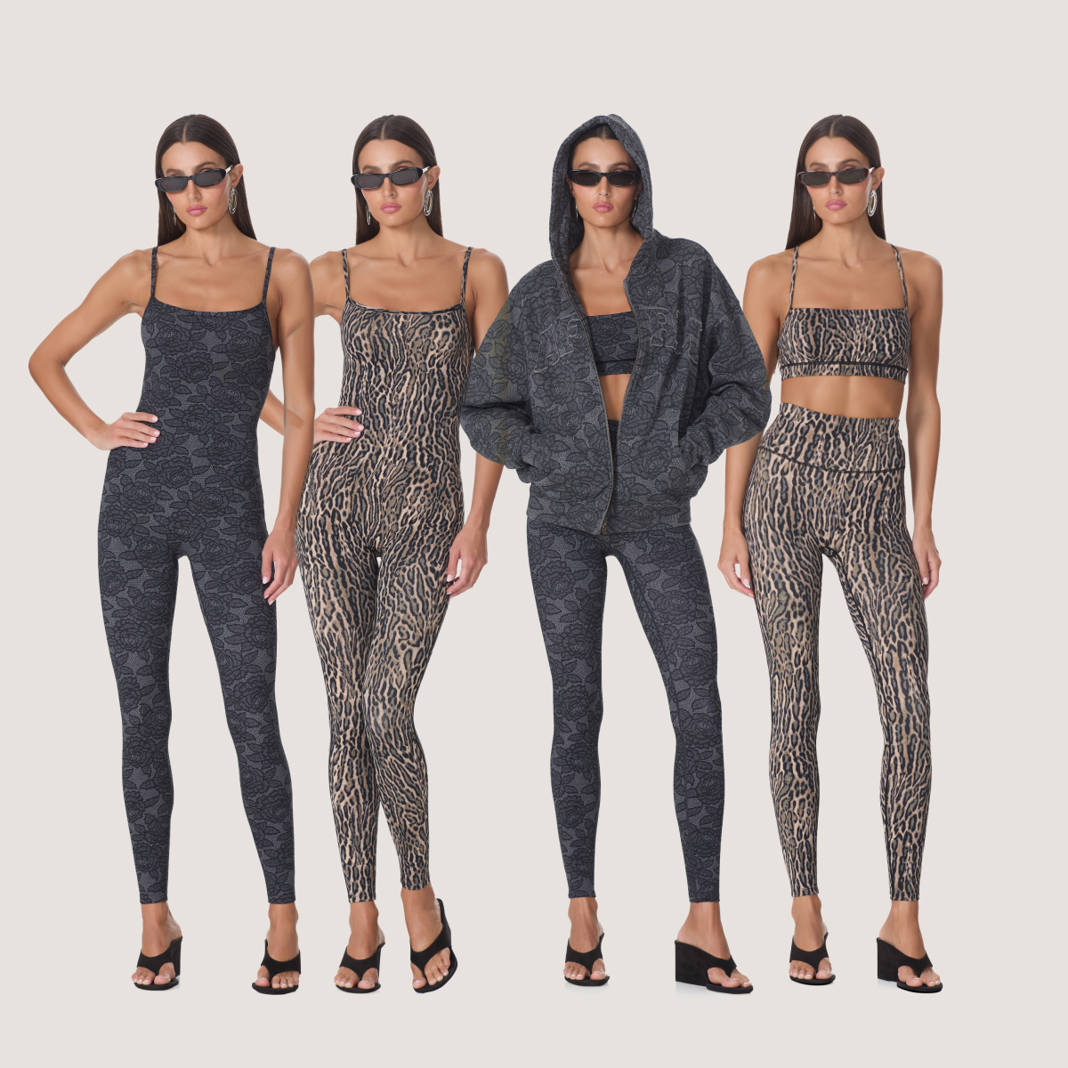 OPAL CATSUIT, CAMERON HOODIE, OLINA BRA, BRODEN LEGGING IN BLACK LACE AND OLIVE LEOPARD