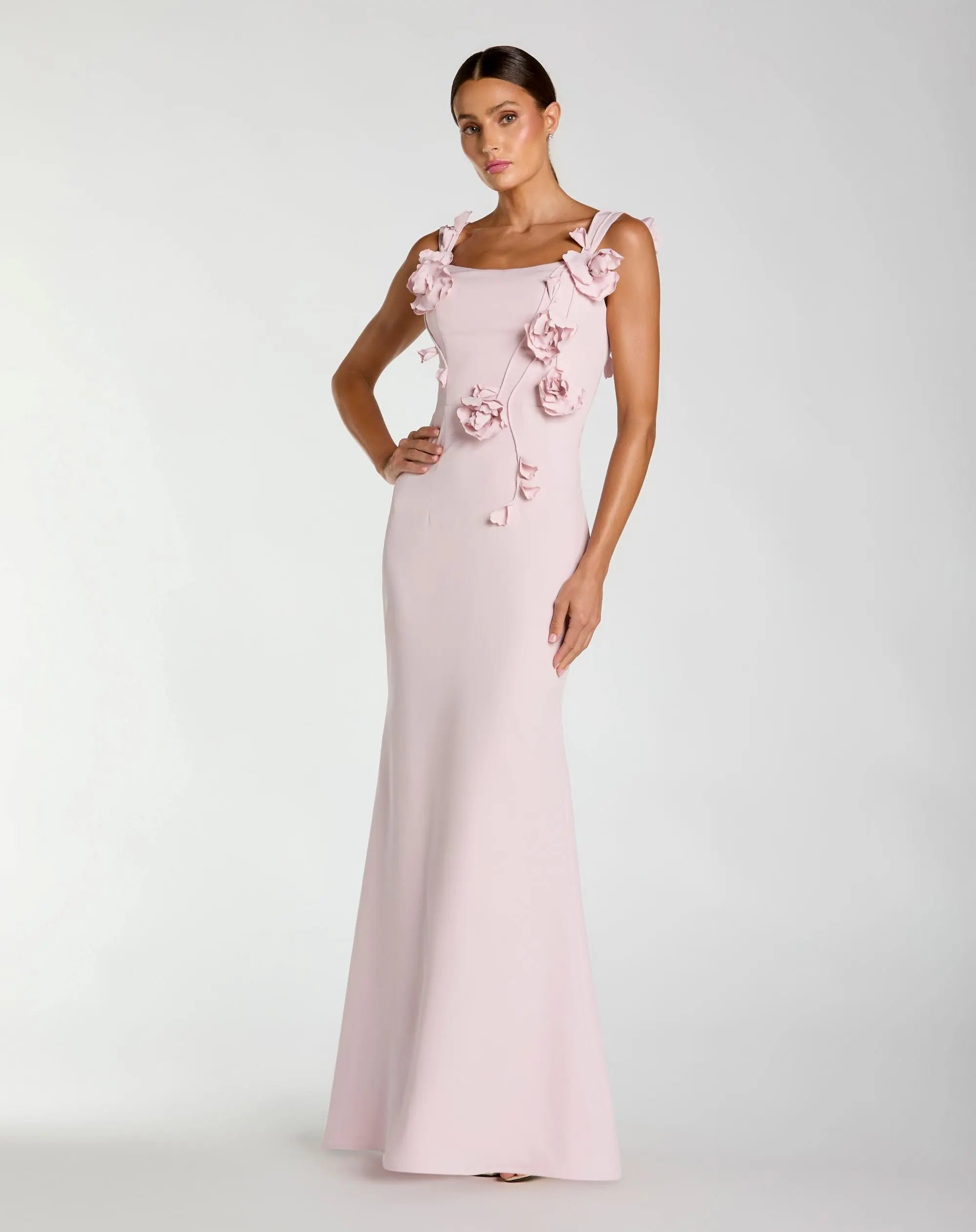 Image of Pink Sleeveless Crepe Column Gown With Floral Detail