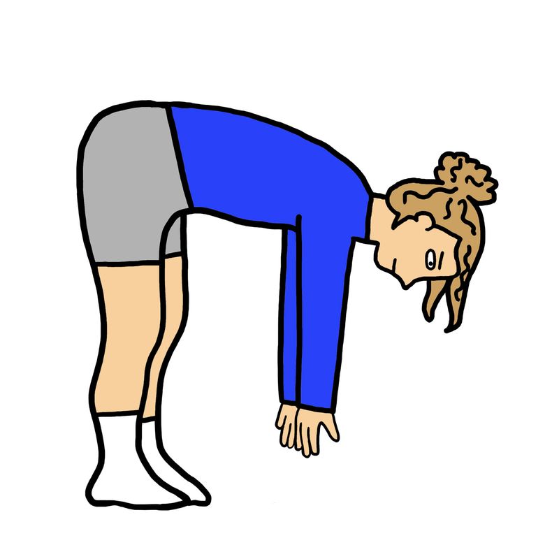 An illustration of a person stretching their fingers toward their toes and holding their legs together because of a full bladder.