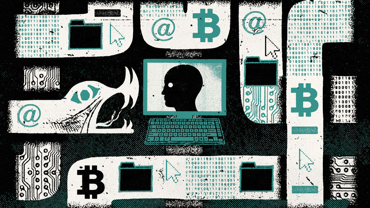Illustration of cybercrime with symbols like Bitcoin, email, binary code, and a phishing hook surrounding a human silhouette on a computer screen