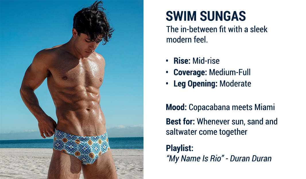 The Swim Fit Guide — Vol. 1 — model wearing DC2 The Tile Is High Swim Sunga at the beach.