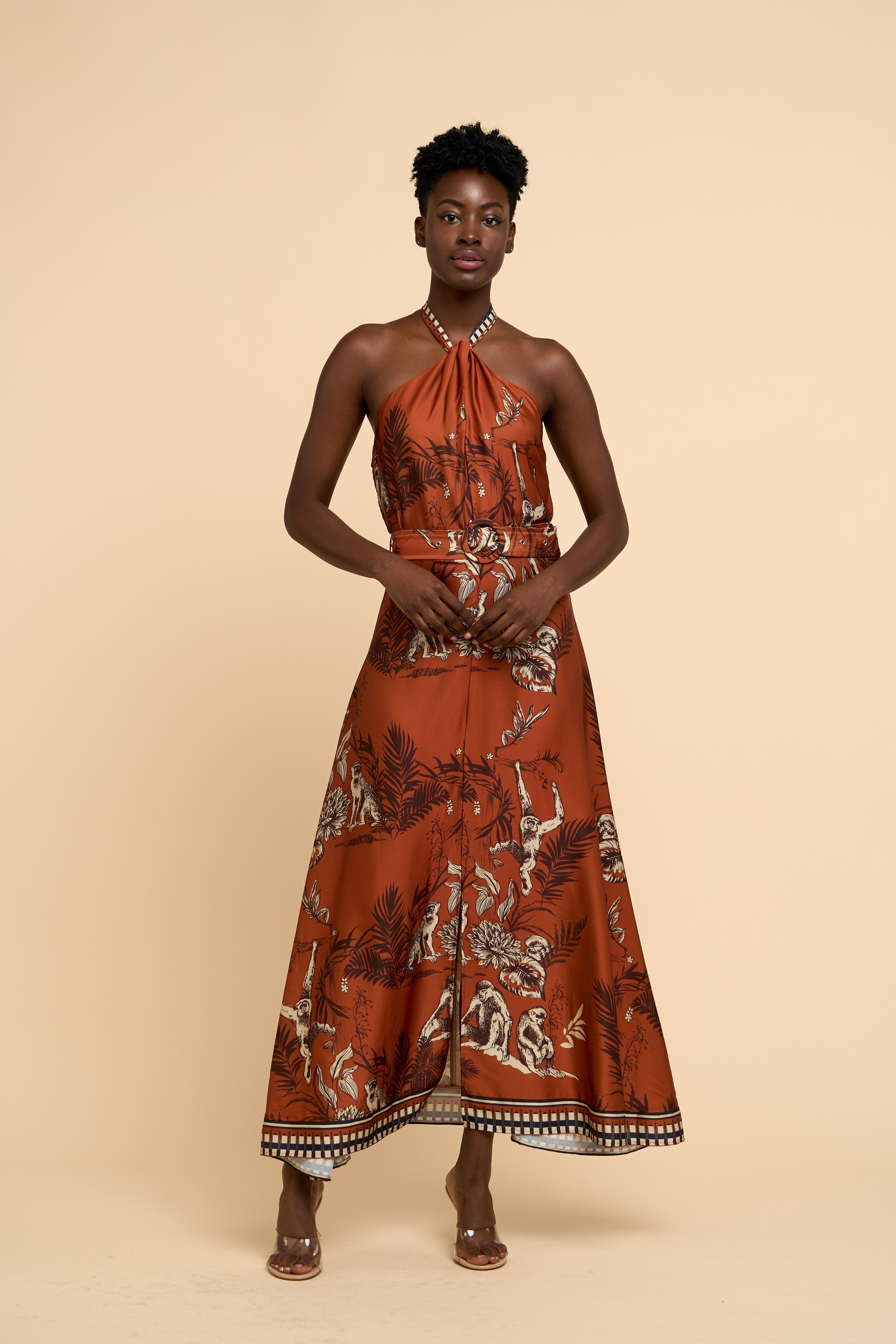 Image of Courtney Animal Print Halter Neck Satin Maxi Dress