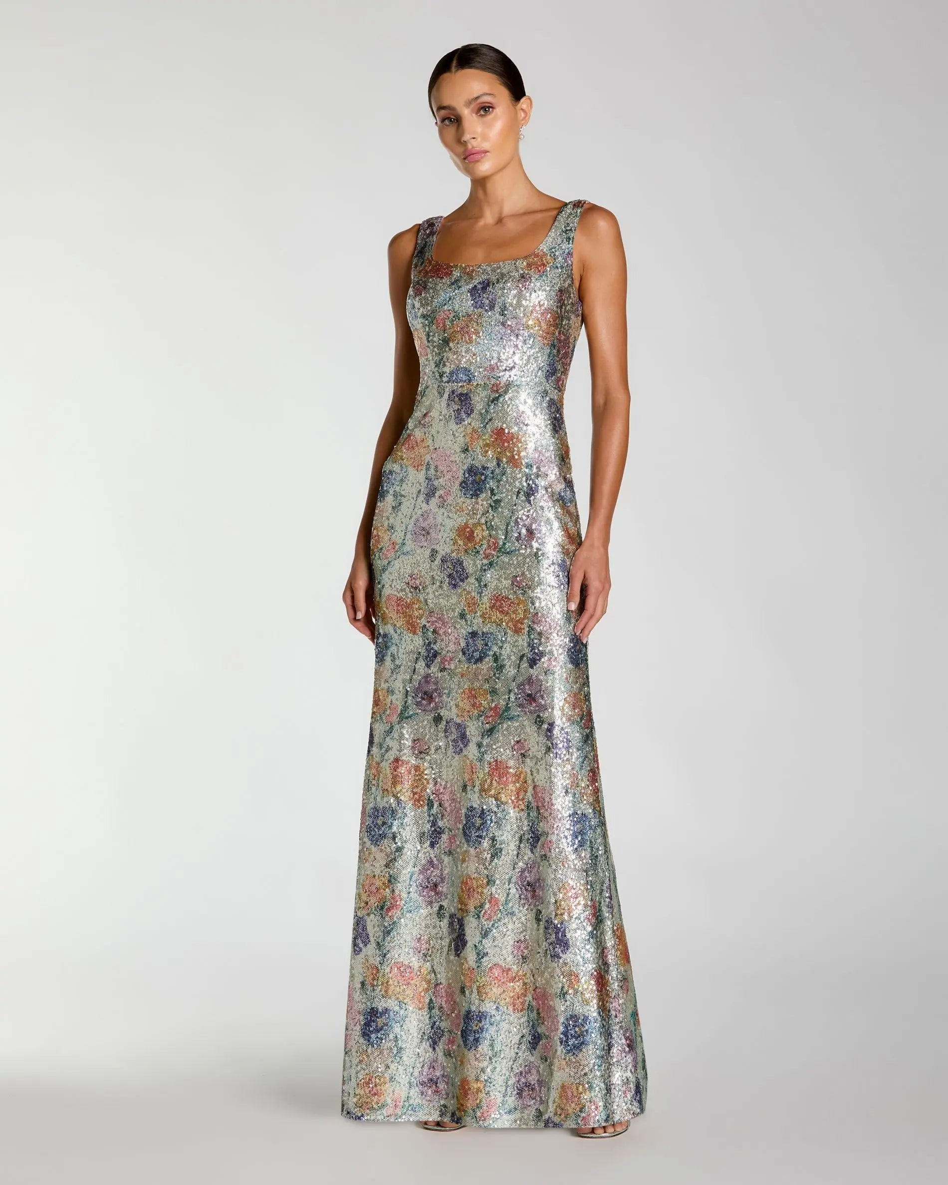Image of Silver Sleeveless Floral Sequin Gown