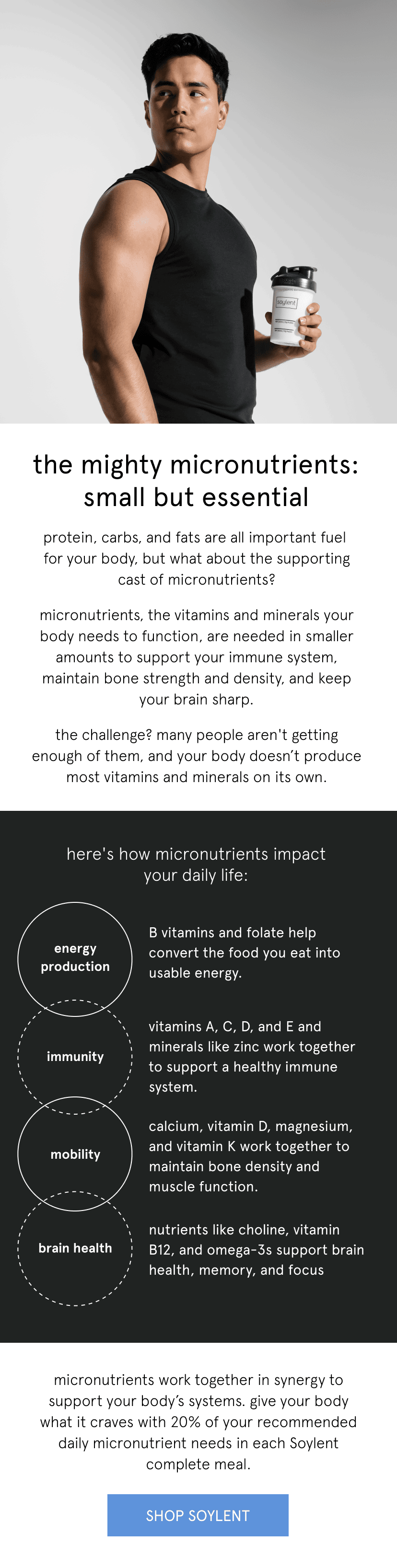 the mighty micronutrients: small but essential   protein, carbs, and fats are all important fuel for your body, but what about the supporting cast of micronutrients?    micronutrients, the vitamins and minerals your body needs to function, are needed in smaller amounts to support your immune system, maintain bone strength and density, and keep your brain sharp.   the challenge? many people aren't getting enough of them, and your body doesn’t produce most vitamins and minerals on its own.       here's how micronutrients impact your daily life:    energy production: b vitamins and folate help convert the food you eat into usable energy    immunity: vitamins A, C, D, and E and minerals like zinc work together to support a healthy immune system    mobility: calcium, vitamin D, magnesium, and vitamin K work together to maintain bone density and muscle function   brain health: nutrients like choline, vitamin B12, and omega-3s support brain health, memory, and focus      US:    micronutrients work together in synergy to support your body’s systems. give your body what it craves with 20% of your recommended daily micronutrient needs in each Soylent complete meal.       CA:       micronutrients work together in synergy to support your body’s systems. give your body what it craves with more than 20% of many of your recommended daily micronutrient needs in each Soylent complete meal. 