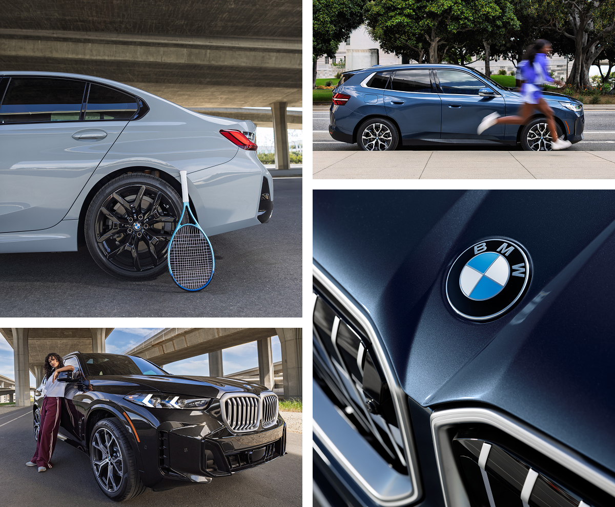 4 images: BMW with tennis racket, BMW with woman running, BMW parked with woman leaning, BMW hood logo